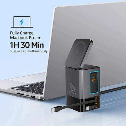 105W Dual Retractable Cable Multi-Port Desktop Charger 2-in-1 Wireless Charger C-Port Blind Plug 65W with LED Ambient Lights