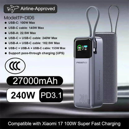 PISEN 240W Power Bank With Fast Charging Cable 27000mAh Portable PD3.1 CCC Powerbank for Laptop Notebook iPhone External Battery