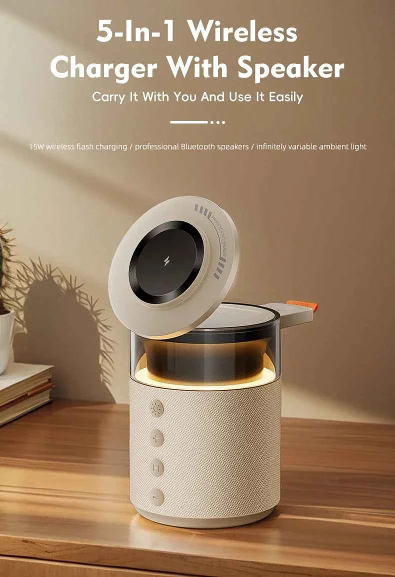 5-in-1 Magnetic Wireless Charging Station with Wireless Speaker Night Light Fast Charger for iPhone iWatch AirPods With Speaker