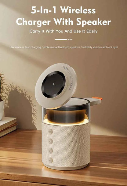 5-in-1 Magnetic Wireless Charging Station with Wireless Speaker Night Light Fast Charger for iPhone iWatch AirPods With Speaker
