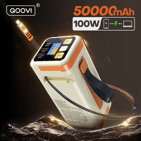 QOOVI 50000mAh Power Bank PD 100W Fast Charging Portable Large Battery Capacity Power Station For iPhone Laptop Samsung Xiaomi
