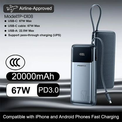 PISEN 240W Power Bank With Fast Charging Cable 27000mAh Portable PD3.1 CCC Powerbank for Laptop Notebook iPhone External Battery
