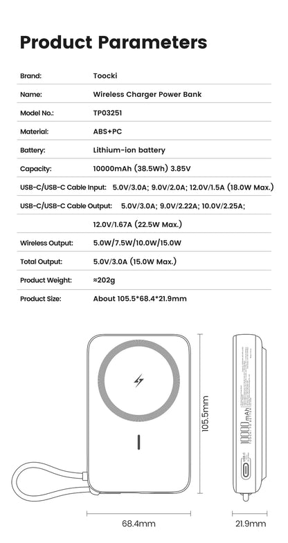 Toocki PowerBank 10000mAh Magnetic Wirelss 15W USB C PD 22.5W Fast Charge for iPhone 16 15 14 13 Portable Power Bank for Magsafe