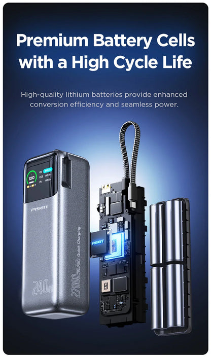 PISEN 240W Power Bank With Fast Charging Cable 27000mAh Portable PD3.1 CCC Powerbank for Laptop Notebook iPhone External Battery
