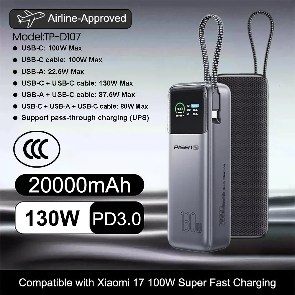 PISEN 240W Power Bank With Fast Charging Cable 27000mAh Portable PD3.1 CCC Powerbank for Laptop Notebook iPhone External Battery