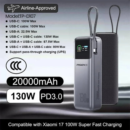 PISEN 240W Power Bank With Fast Charging Cable 27000mAh Portable PD3.1 CCC Powerbank for Laptop Notebook iPhone External Battery