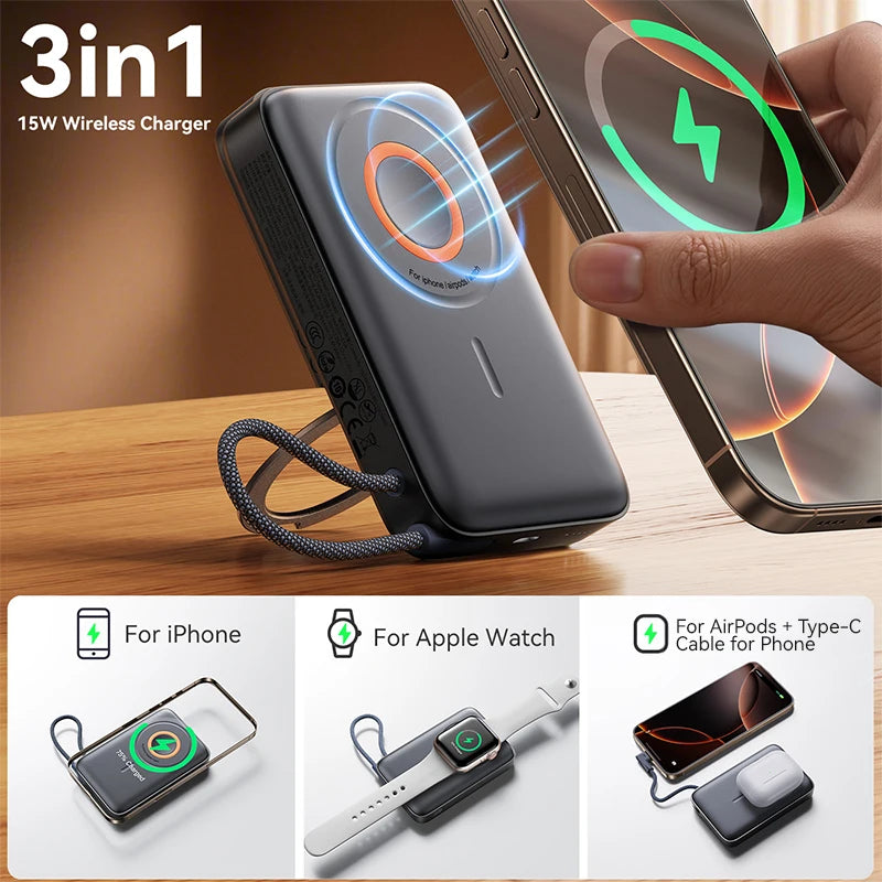 3-in-1 Magnetische Powerbank, 22,5 W Schnellladefunktion, 10000 mAh, kabelloses Ladegerät für iPhone 12–16, AirPods und Smartwatch