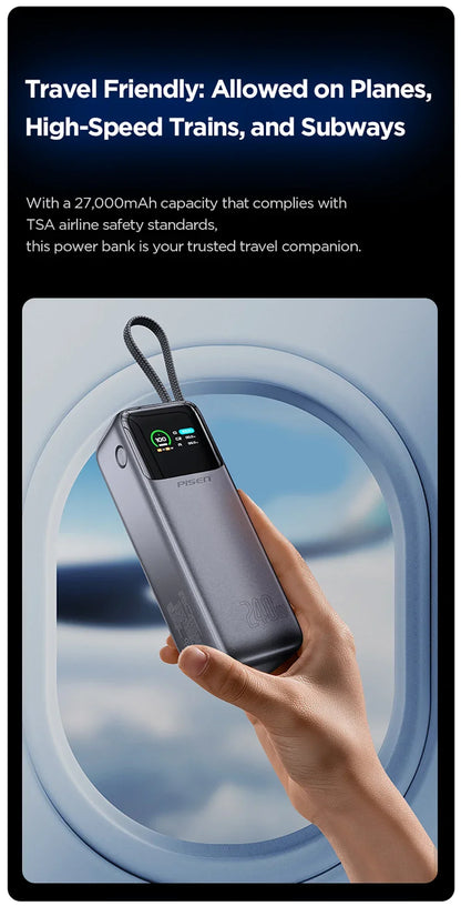 PISEN 240W Power Bank With Fast Charging Cable 27000mAh Portable PD3.1 CCC Powerbank for Laptop Notebook iPhone External Battery