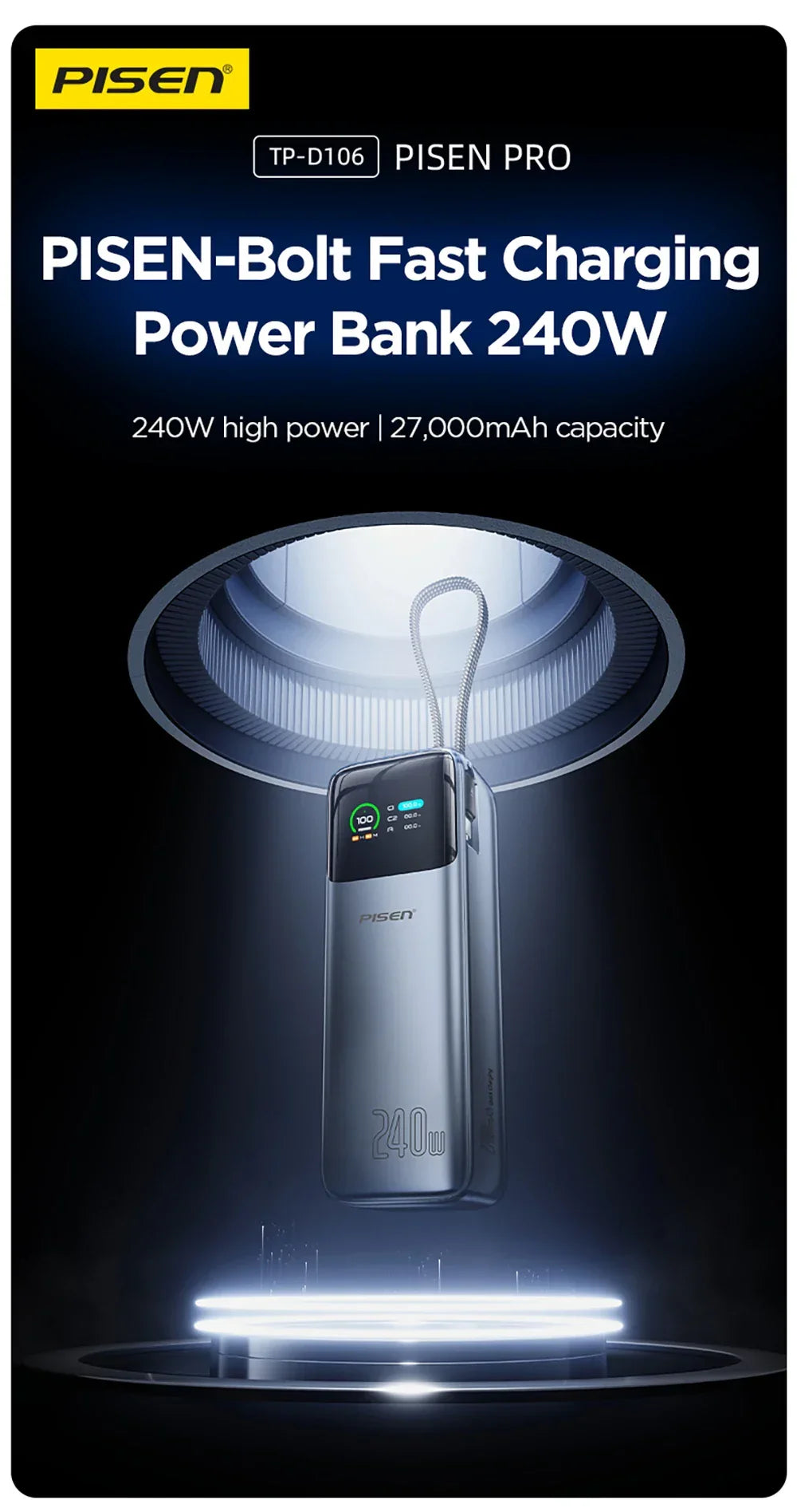 PISEN 240W Power Bank With Fast Charging Cable 27000mAh Portable PD3.1 CCC Powerbank for Laptop Notebook iPhone External Battery
