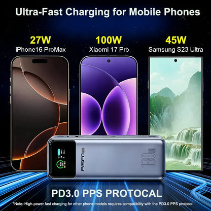 PISEN 240W Power Bank With Fast Charging Cable 27000mAh Portable PD3.1 CCC Powerbank for Laptop Notebook iPhone External Battery