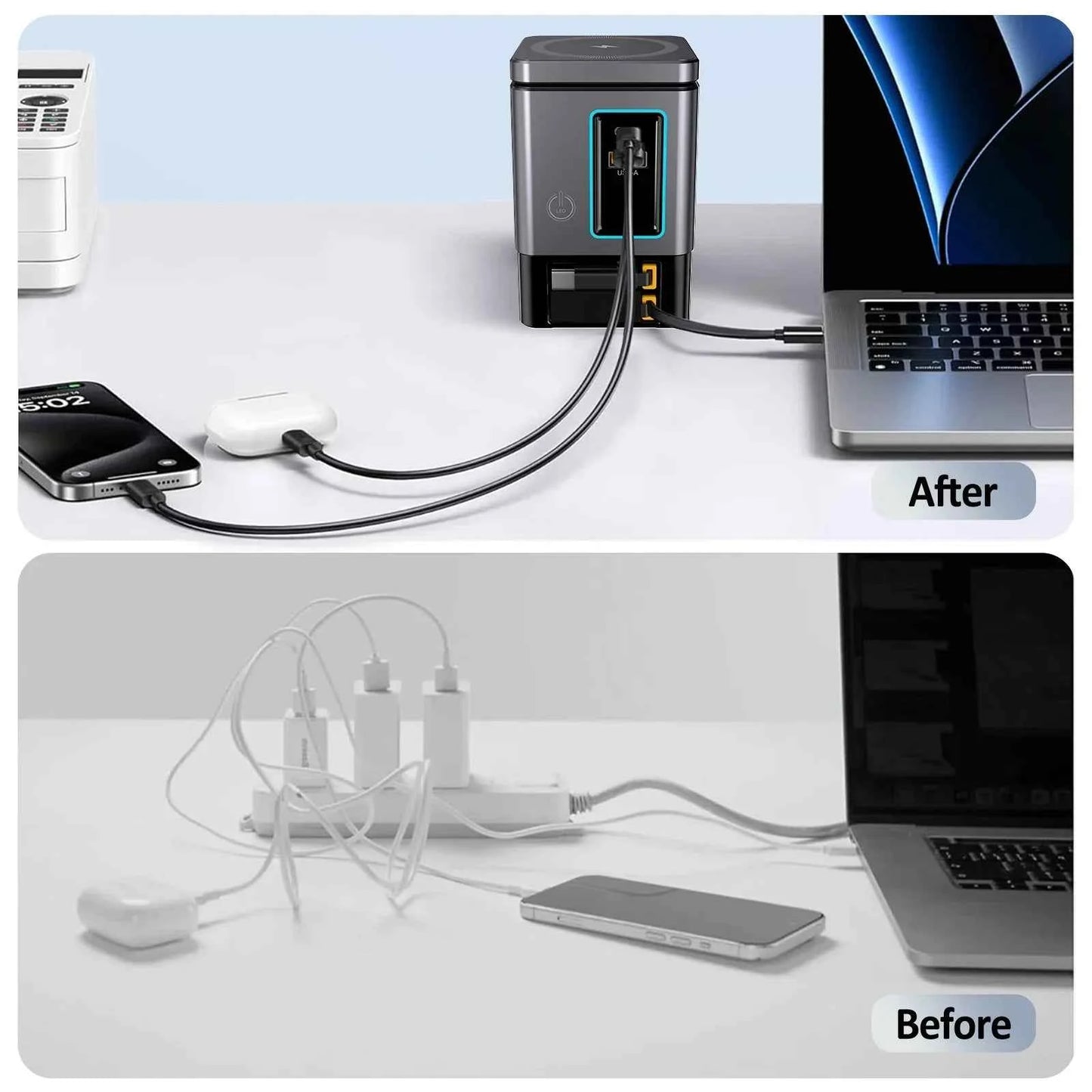 105W Dual Retractable Cable Multi-Port Desktop Charger 2-in-1 Wireless Charger C-Port Blind Plug 65W with LED Ambient Lights
