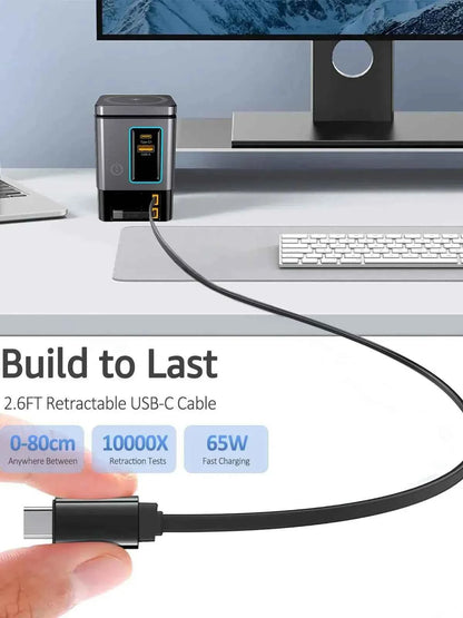 105W Dual Retractable Cable Multi-Port Desktop Charger 2-in-1 Wireless Charger C-Port Blind Plug 65W with LED Ambient Lights