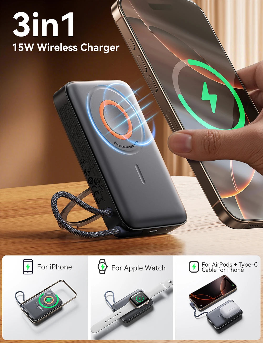 3-in-1 Magnetische Powerbank, 22,5 W Schnellladefunktion, 10000 mAh, kabelloses Ladegerät für iPhone 12–16, AirPods und Smartwatch