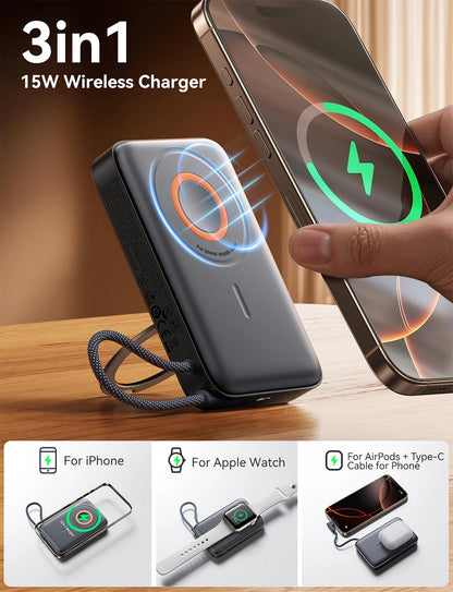 3-in-1 Magnetische Powerbank, 22,5 W Schnellladefunktion, 10000 mAh, kabelloses Ladegerät für iPhone 12–16, AirPods und Smartwatch