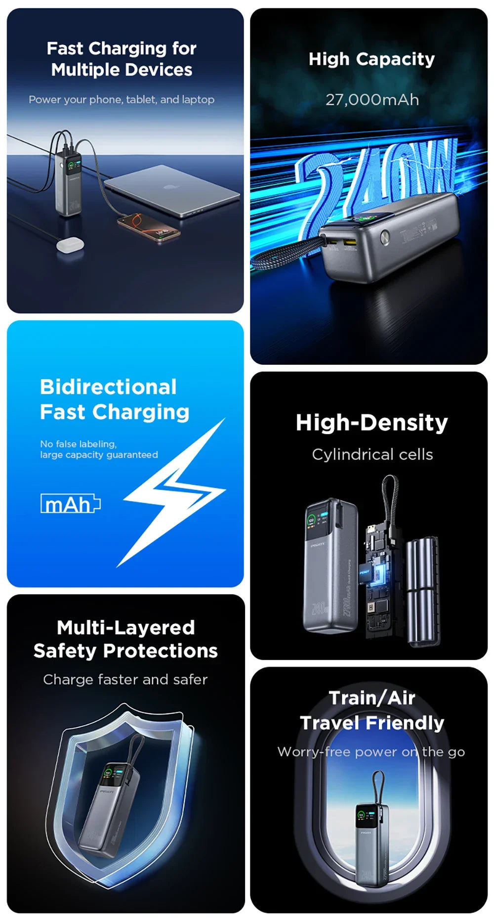PISEN 240W Power Bank With Fast Charging Cable 27000mAh Portable PD3.1 CCC Powerbank for Laptop Notebook iPhone External Battery