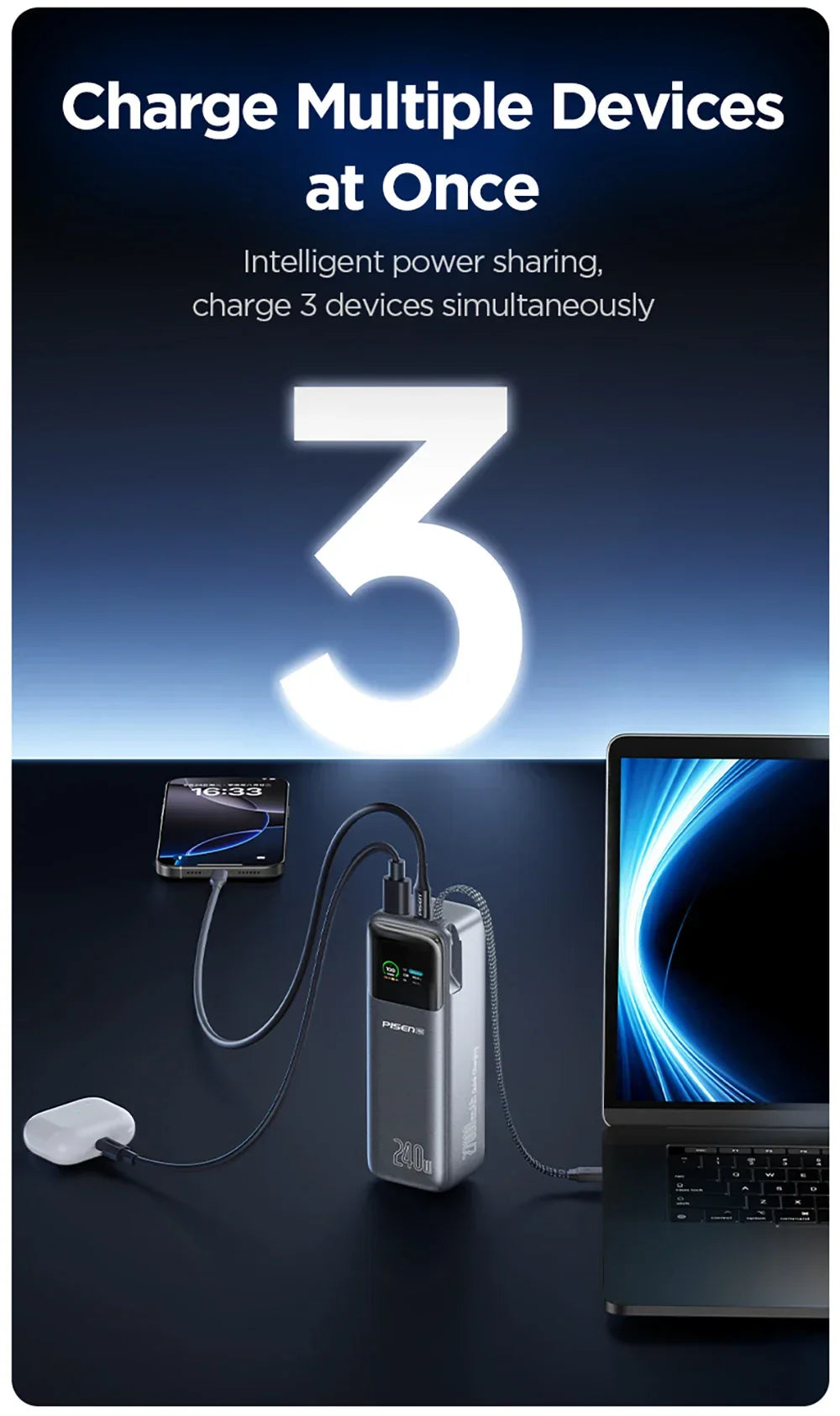 PISEN 240W Power Bank With Fast Charging Cable 27000mAh Portable PD3.1 CCC Powerbank for Laptop Notebook iPhone External Battery