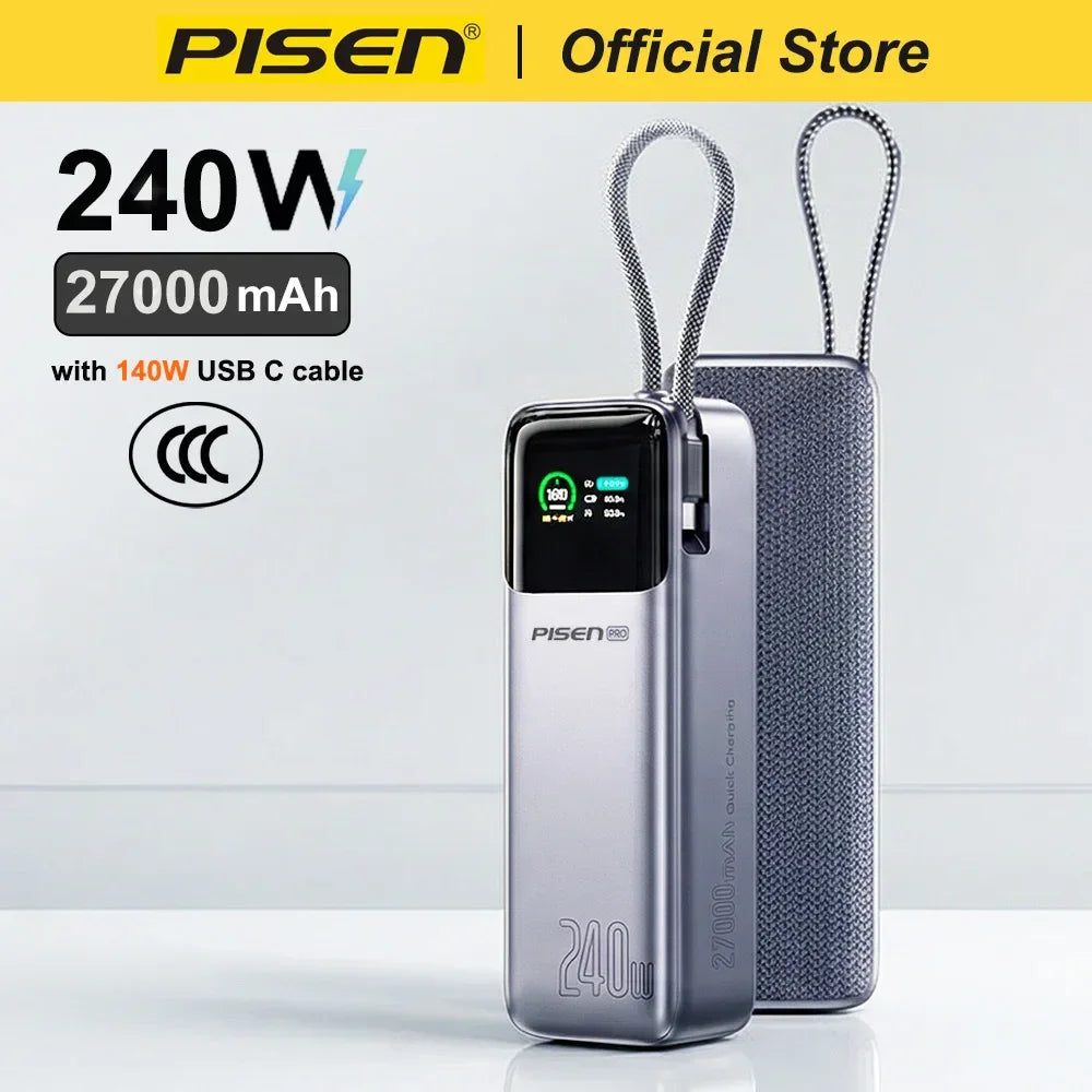 PISEN 240W Power Bank With Fast Charging Cable 27000mAh Portable PD3.1 CCC Powerbank for Laptop Notebook iPhone External Battery