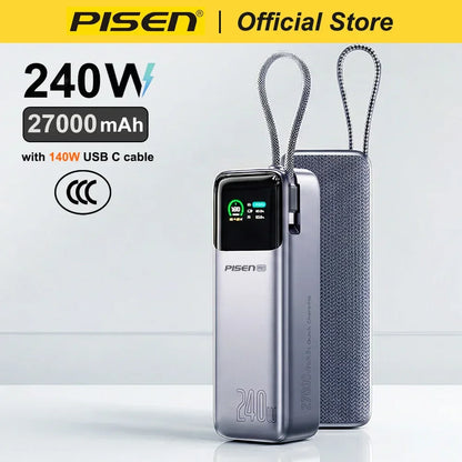 PISEN 240W Power Bank With Fast Charging Cable 27000mAh Portable PD3.1 CCC Powerbank for Laptop Notebook iPhone External Battery