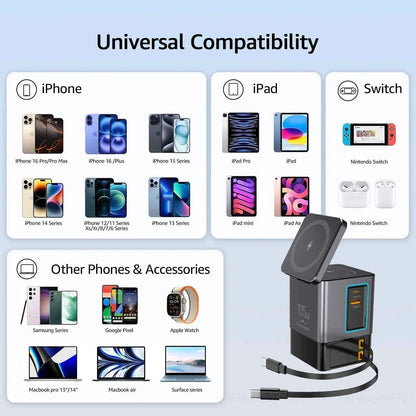 105W Dual Retractable Cable Multi-Port Desktop Charger 2-in-1 Wireless Charger C-Port Blind Plug 65W with LED Ambient Lights