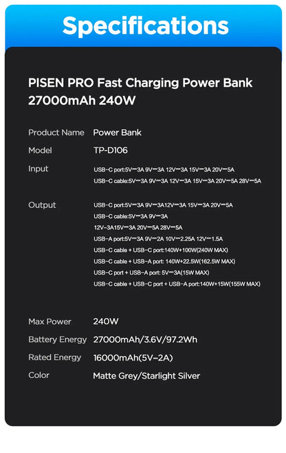 PISEN 240W Power Bank With Fast Charging Cable 27000mAh Portable PD3.1 CCC Powerbank for Laptop Notebook iPhone External Battery