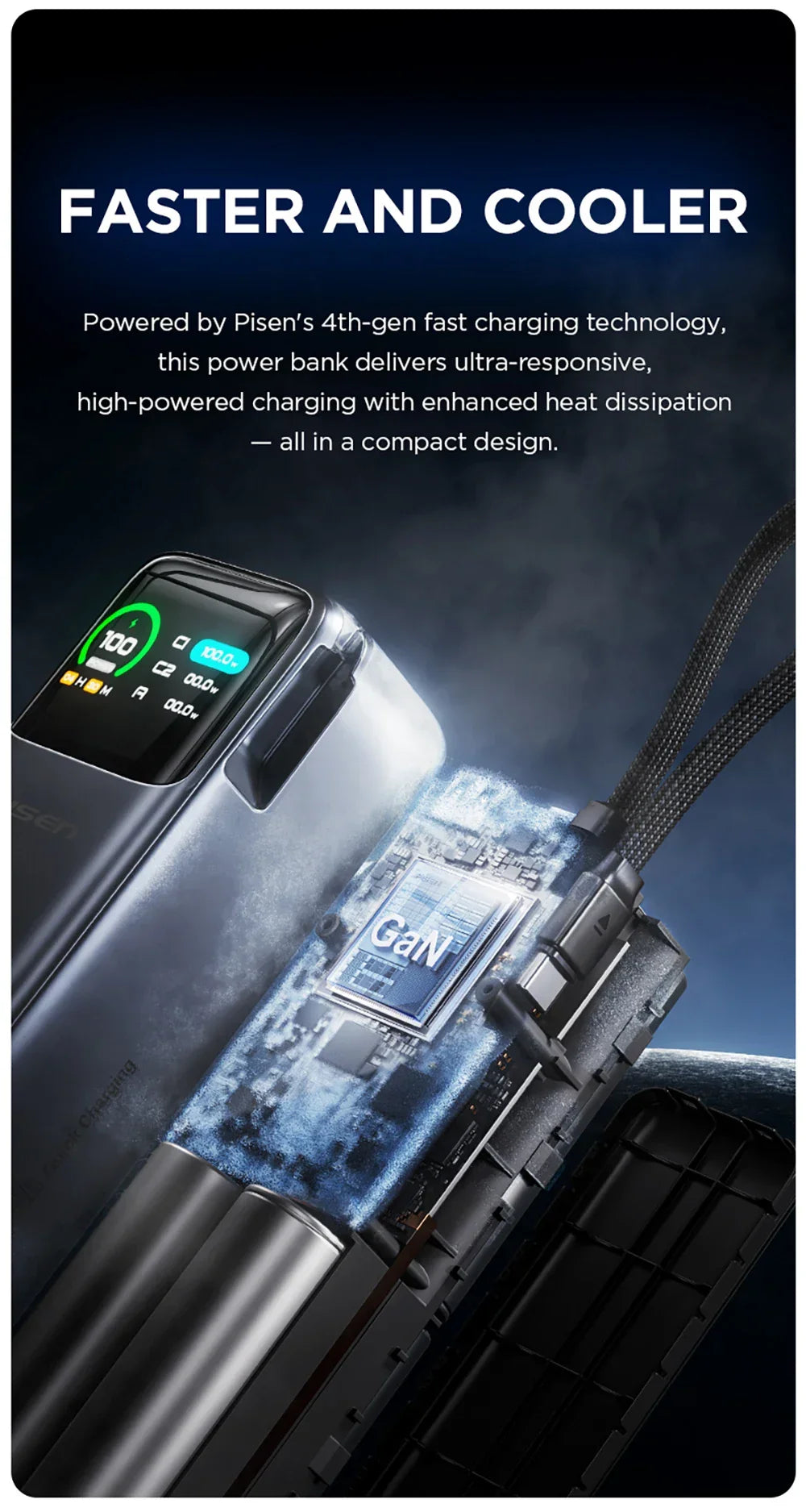 PISEN 240W Power Bank With Fast Charging Cable 27000mAh Portable PD3.1 CCC Powerbank for Laptop Notebook iPhone External Battery
